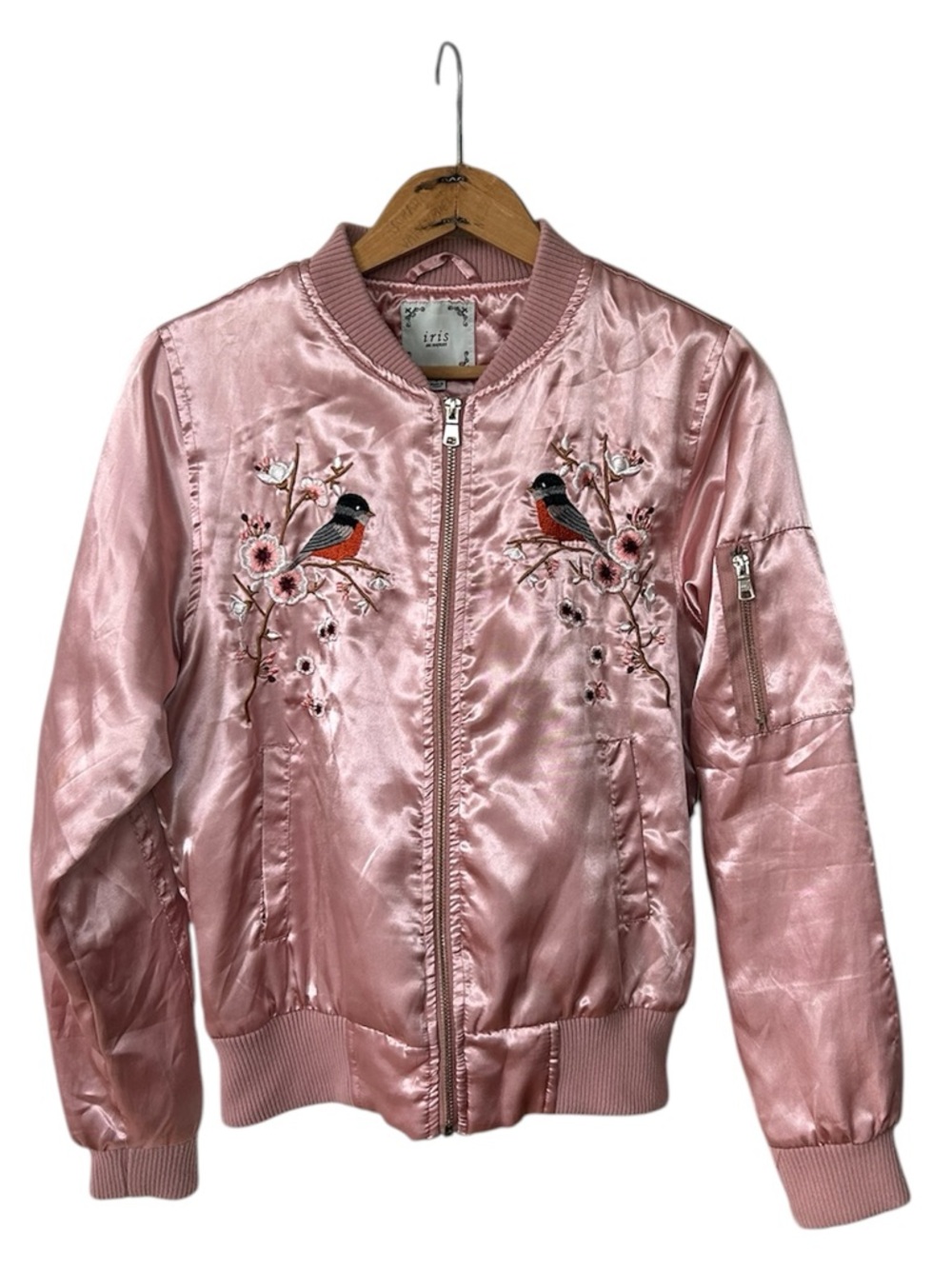 iris | Pink Satin Bird/Floral Embroidered Zip Front Mock Collar Bomber Jacket S